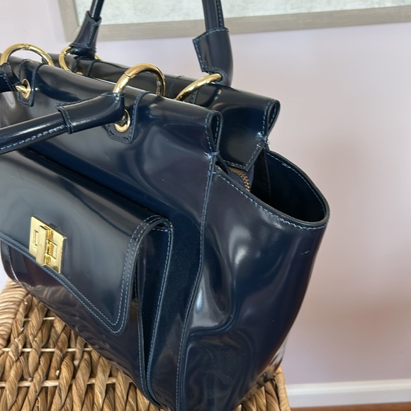 Elegant Navy Blue Handbag/Tote Italian Leather - Picture 3 of 10